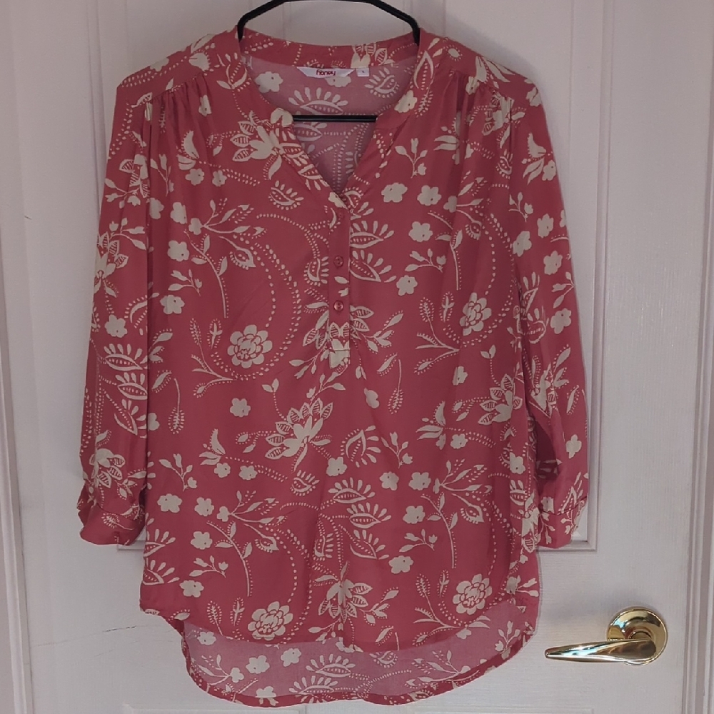 Honey Pink Floral Blouse Boho Peasant Top 3/4 Sleeve‎ Size Large